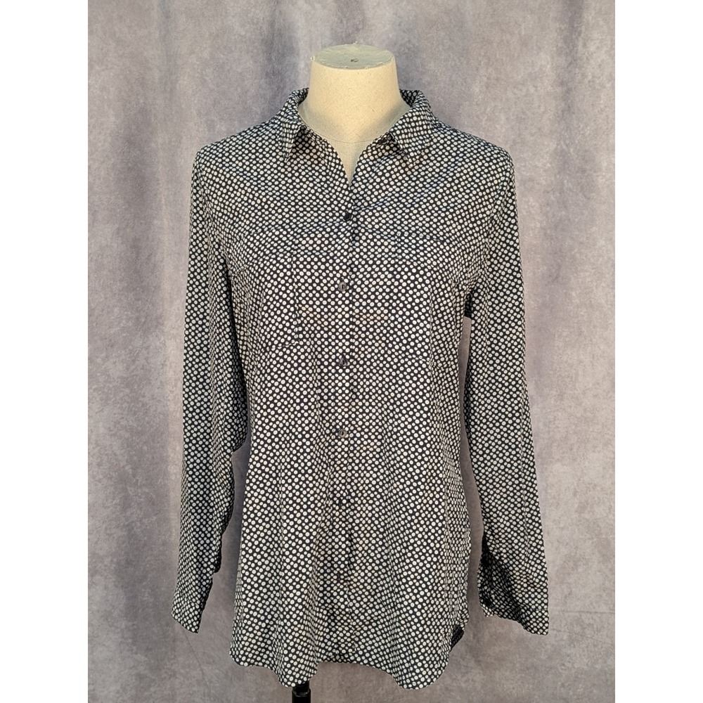 Liz Claiborne Women Small Navy Blue White Polka Dot Button Blouse Shirt‎ C126